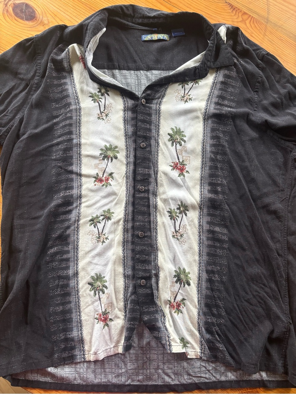 Men's Black Button-Up Shirt with Palm Print Panels